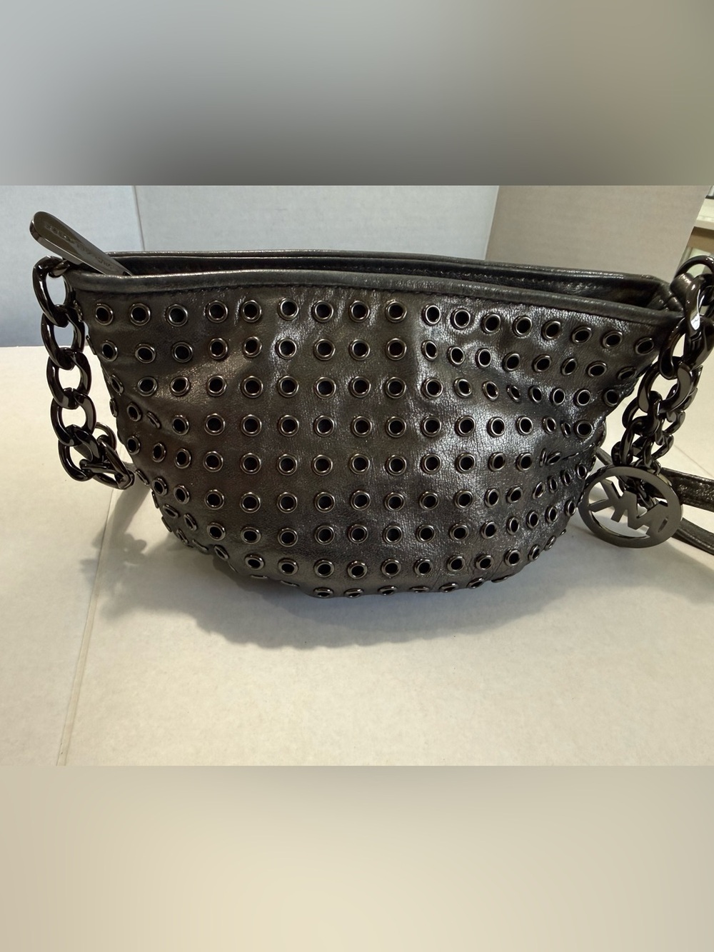 Michael Kors Small Black Leather Gunmetal Grommet-Embellished Crossbody Bag - Picture 2 of 11